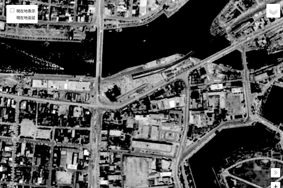 1963年頃の「京阪HD本社」周辺の航空写真（画像：国土地理院）