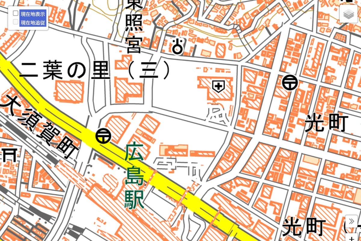 現在の「広島駅」周辺の地図（画像：国土地理院）