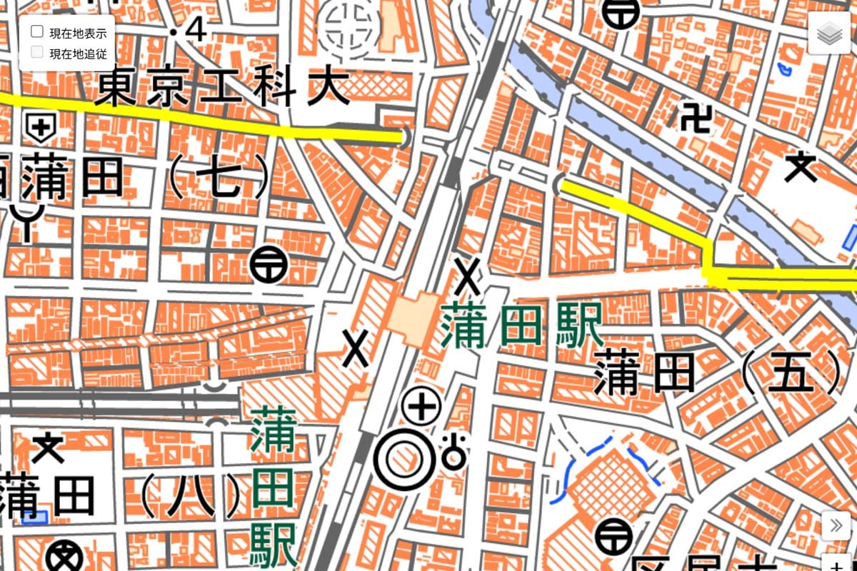 現在の「蒲田駅」周辺の地図（画像：国土地理院）