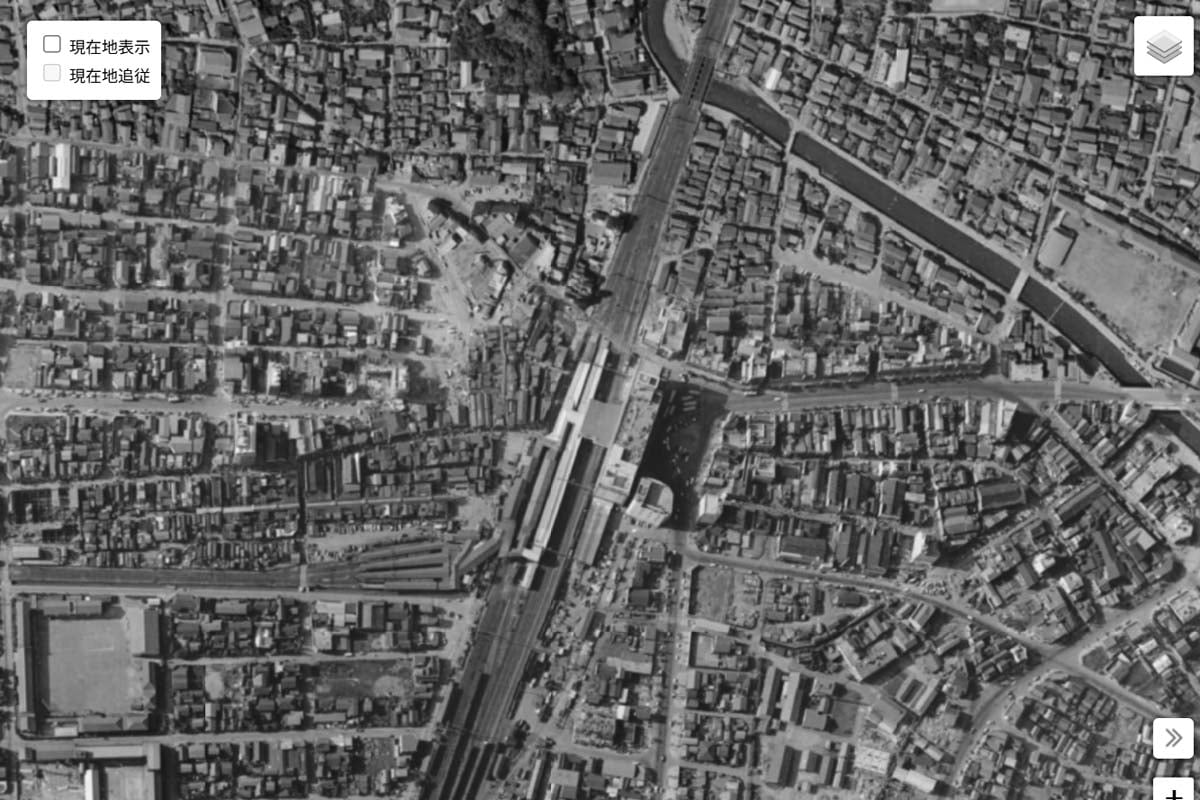 1963年頃の「蒲田駅」周辺の航空写真（画像：国土地理院）