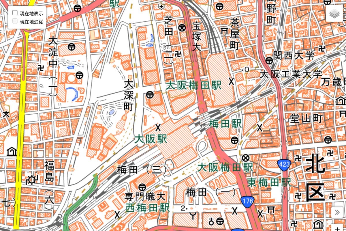 現在の「梅田駅」周辺の地図（画像：国土地理院）
