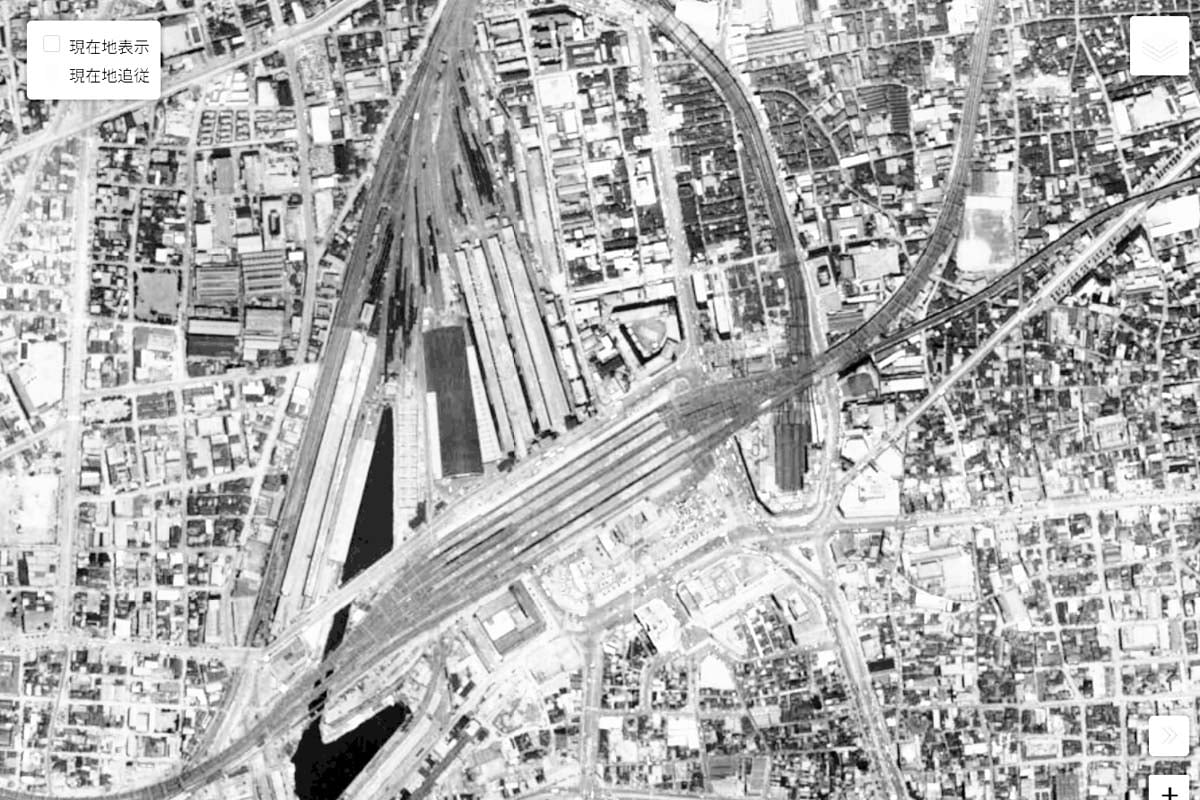 1963年頃の「梅田駅」周辺の航空写真（画像：国土地理院）