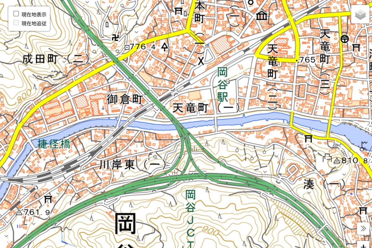 現在の「岡谷JCT」周辺の地図（画像：国土地理院）