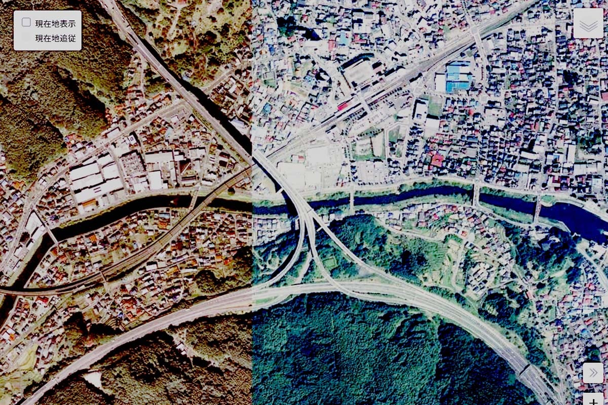 現在の「岡谷JCT」周辺の航空写真（画像：国土地理院）