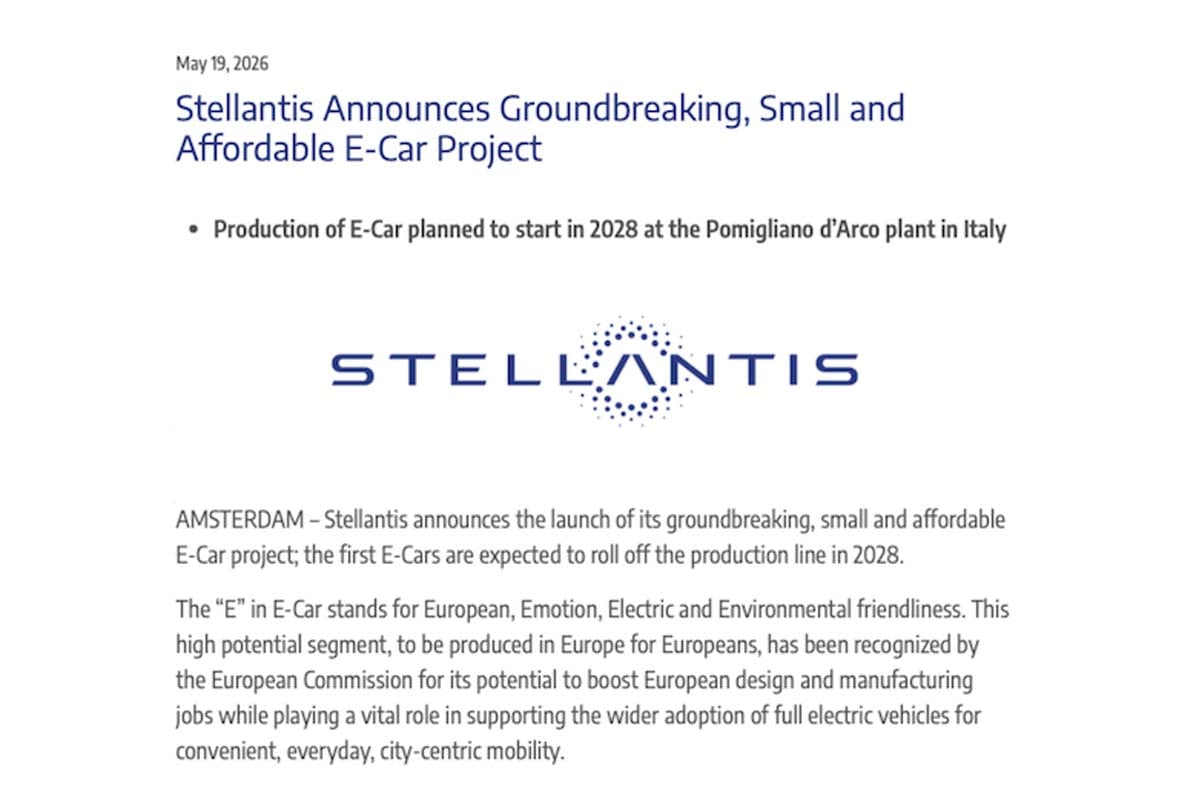 「E-Car」プロジェクトのプレスリリース（画像：Stellantis）