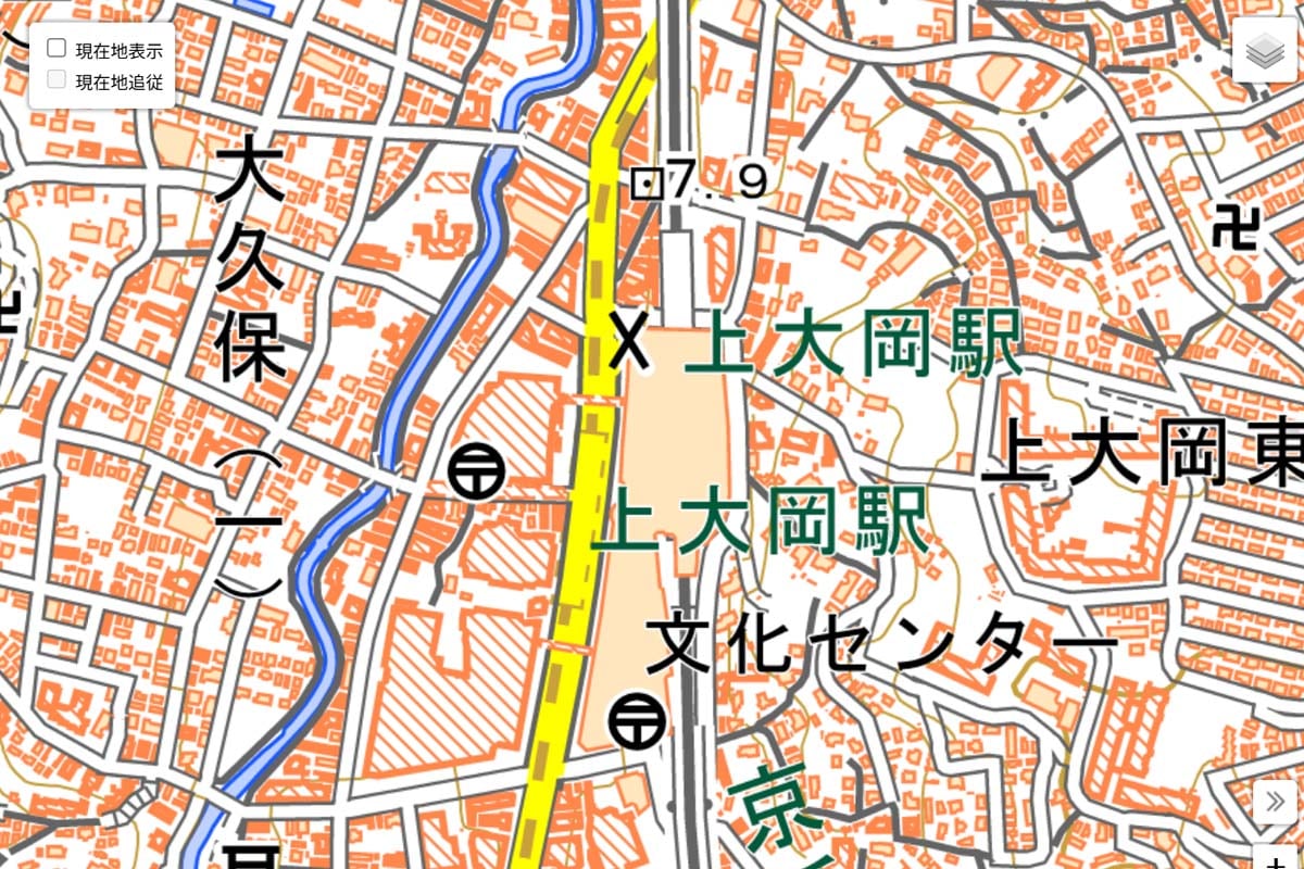 現在の「上大岡駅」周辺の地図（画像：国土地理院）