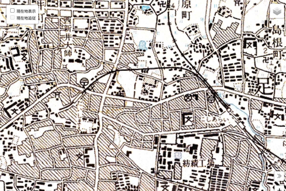 1970年ごろの西新井駅周辺の地図。「紡績工場」の記載がある(画像:国土地理院)