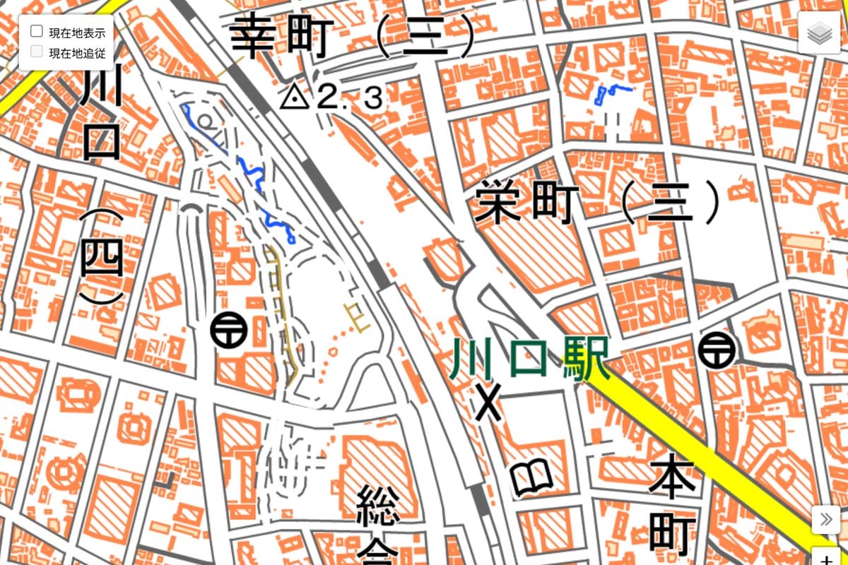 現在の「川口駅」周辺の地図（画像：国土地理院）