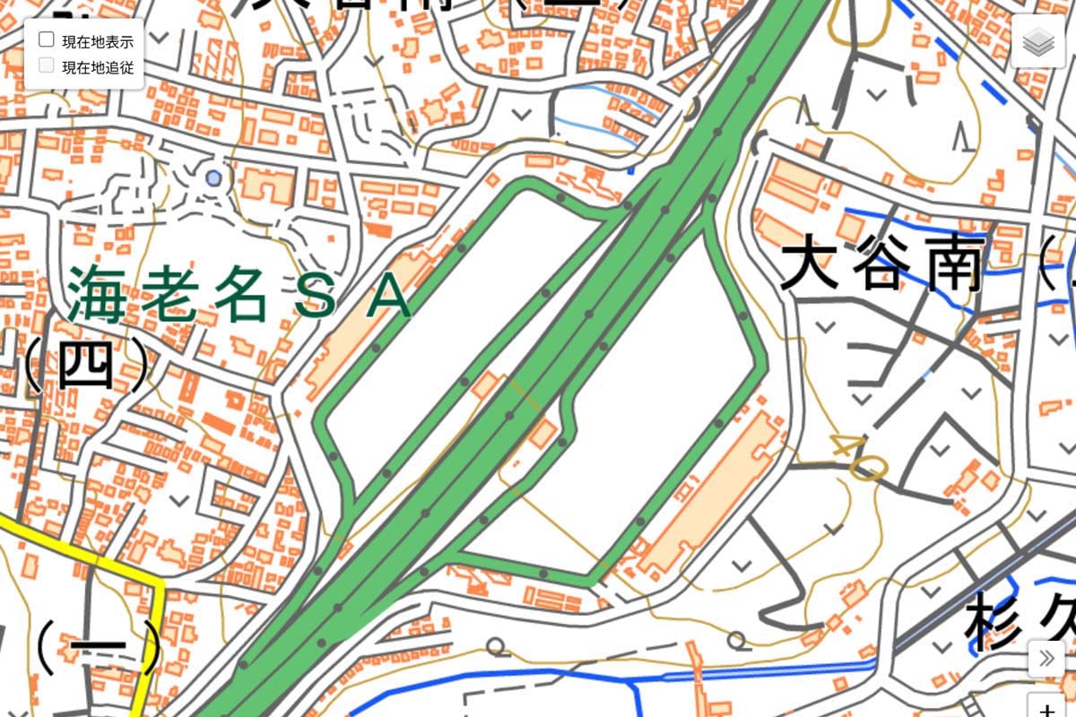 現在の「海老名SA」周辺の地図（画像：国土地理院）