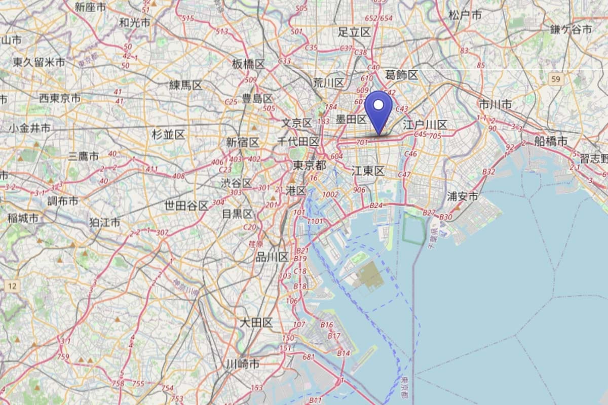 亀戸駅の位置（画像：OpenStreetMap）