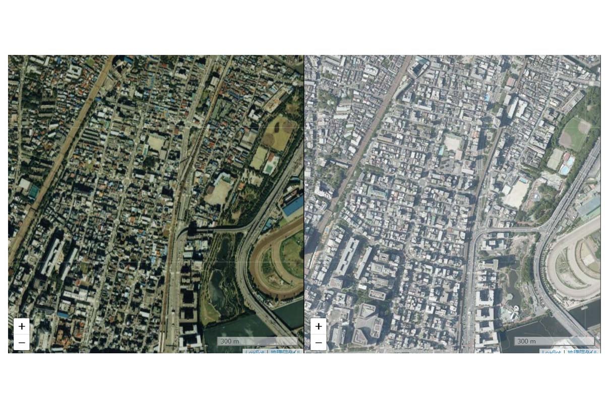1990年ごろの南大井（左）と最新の様子（画像：今昔マップ,国土地理院）