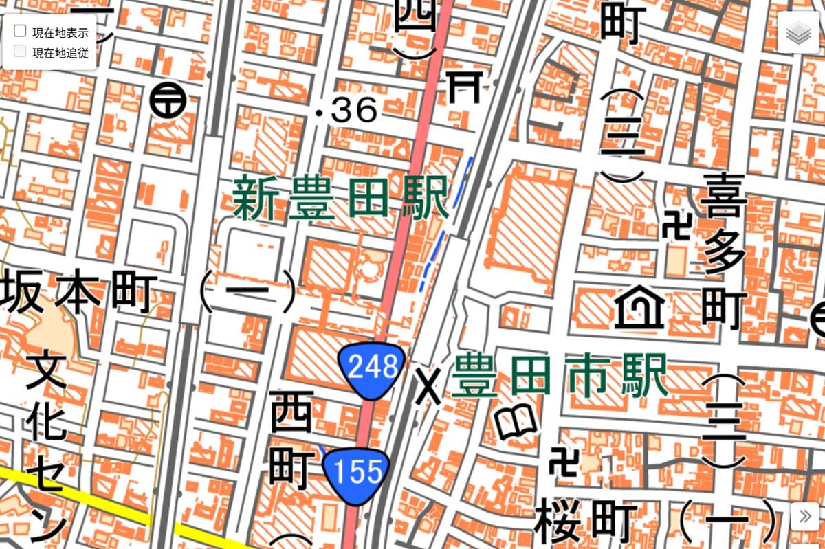 現在の「豊田市駅」周辺の地図（画像：国土地理院）