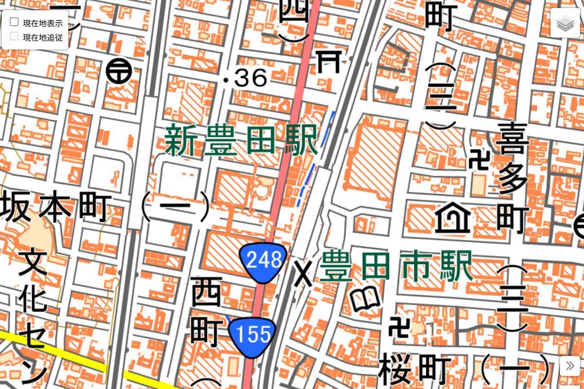 現在の「豊田市駅」周辺の地図（画像：国土地理院）