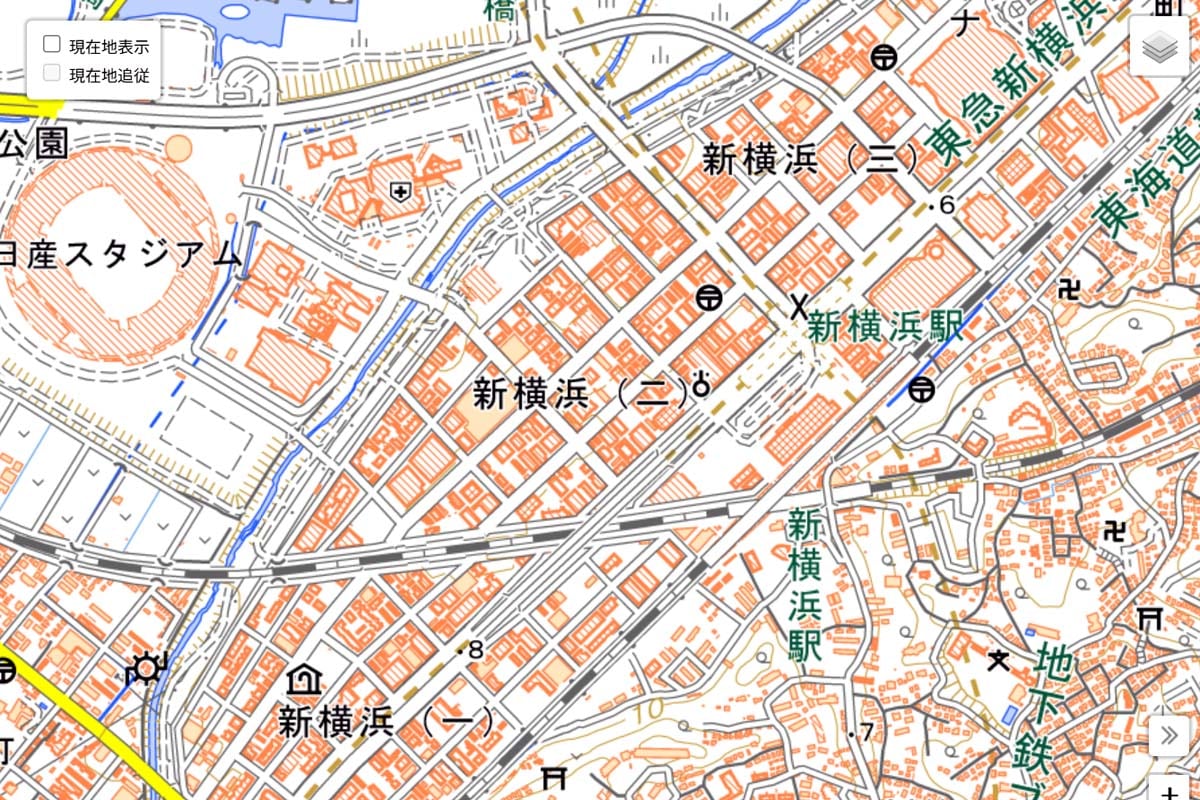 現在の「新横浜駅」周辺の地図（画像：国土地理院）