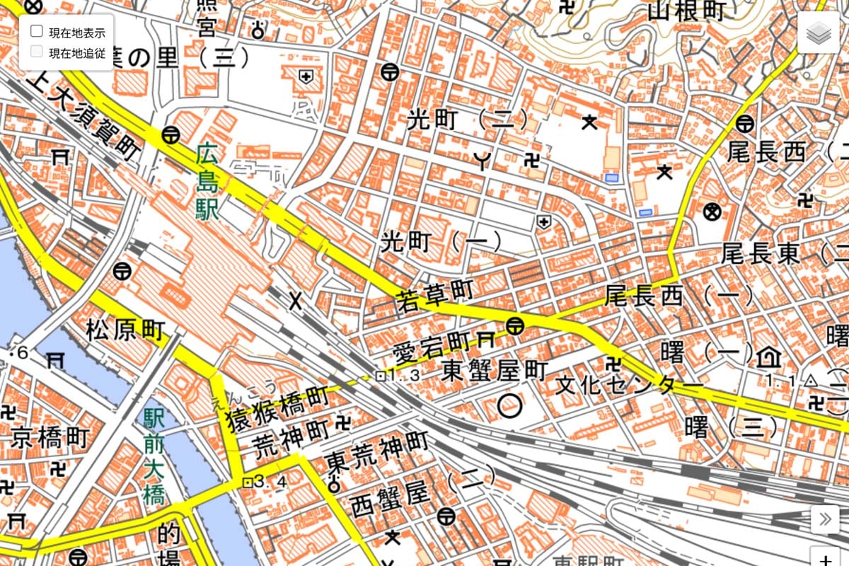 現在の「広島駅」周辺の地図（画像：国土地理院）