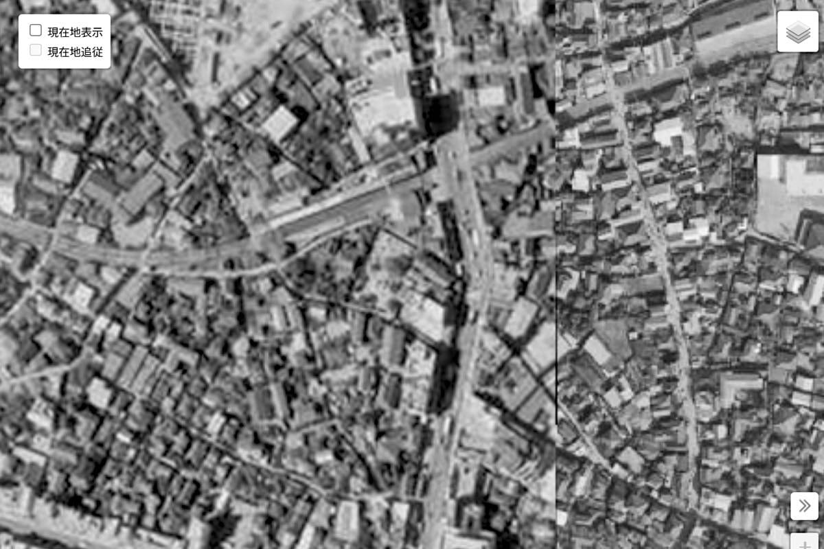 1963年頃の「京成船橋駅」周辺の航空写真（画像：国土地理院）